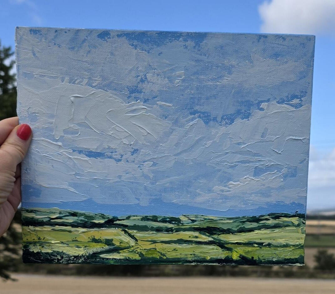 Textured Fields by AlliesArt, acrylic on canvas board, view of fields with sky dominating, done with thick paint and palette knife to create texture in clouds and greenery