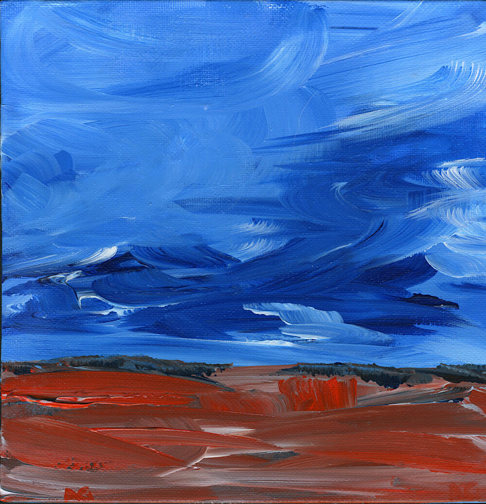 Abstract Fields by AlliesArt, acrylic on canvas board, clouds and sky done in loose strong brushstrokes with dominating colours