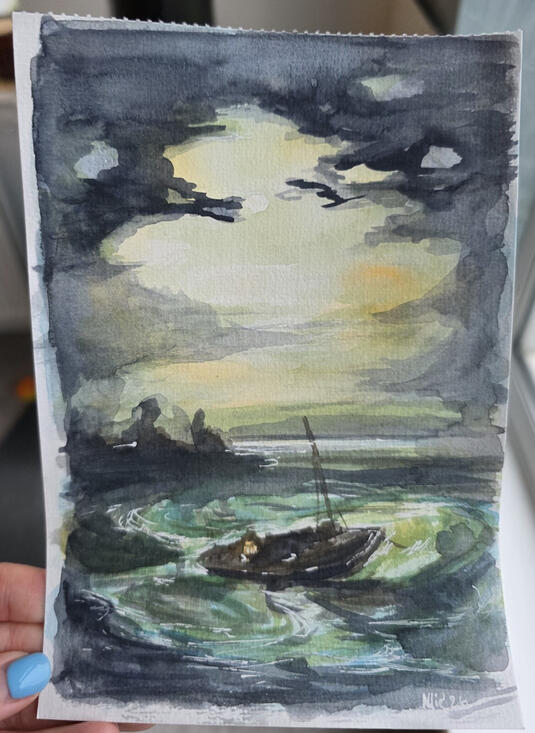 Lone Boat, Watercolour Mixed Media on paper, 5.5 x 8.5 inches