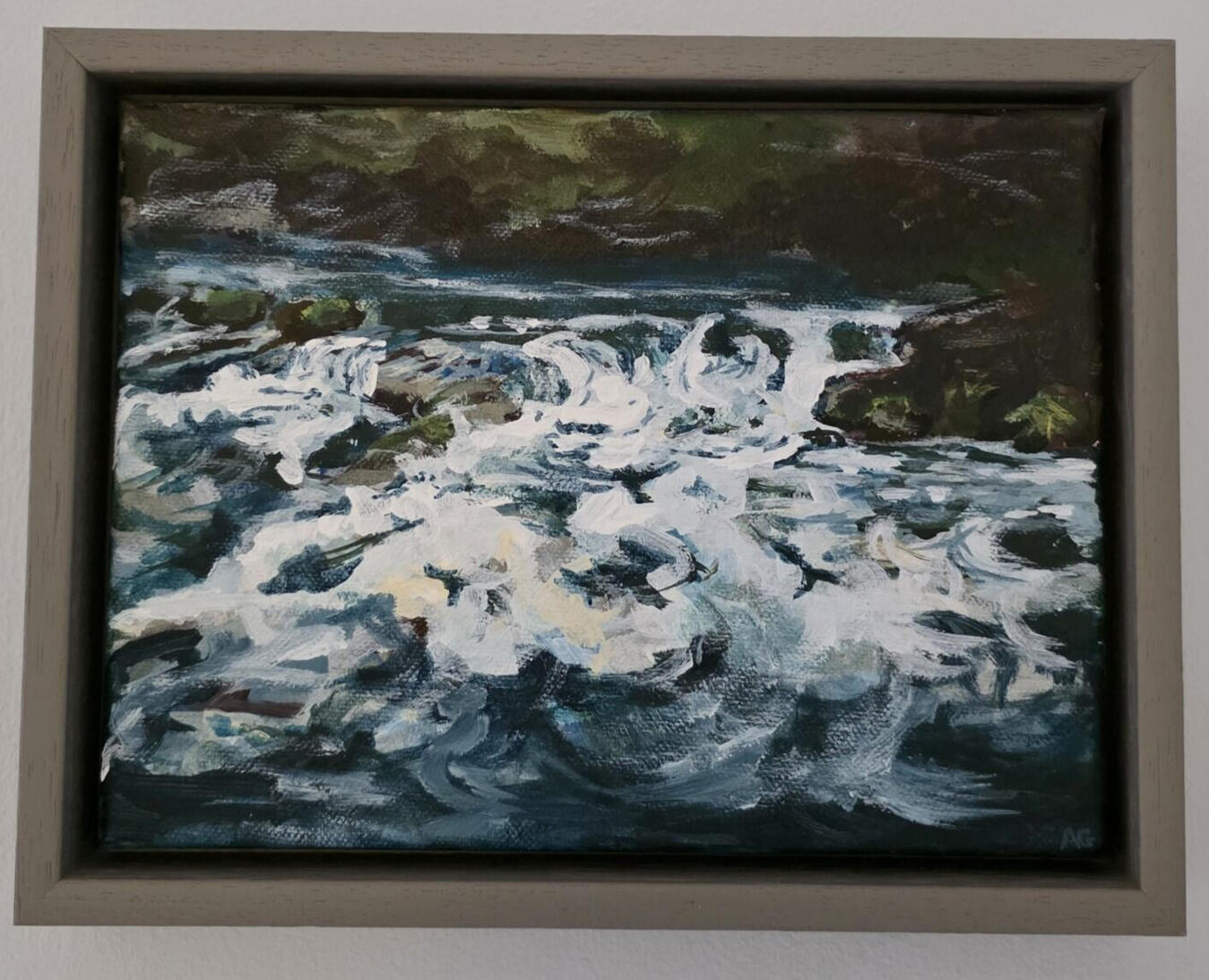 Momentum by AlliesArt, acrylic on canvas, water flowing down a river in greenery focus on the water flowing over rocks